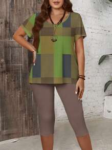 EMERY ROSE 2 sztuki/zestaw Plus Size Casual Lattice Allover Print Luźny krótki rękaw Top i spodnie Capri