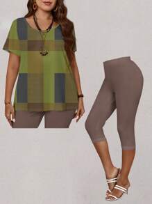 EMERY ROSE 2 sztuki/zestaw Plus Size Casual Lattice Allover Print Luźny krótki rękaw Top i spodnie Capri