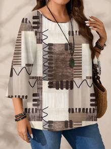 Mellowie Plus Size Women's Casual Simple Brown Plaid Patchwork Color Block Full Print Loose Fit Round Neck 3/4 Sleeve Shirt, Autumn/Winter Chic Blouses For Women - Multicolor - View 5