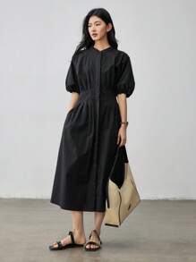 Dazy-Less Váy midi đen thẳng tay bồng xếp ly eo đơn giản công sở cho nữ phong cách Old Money thanh lịch vải lanh - màu đen - Xem 6