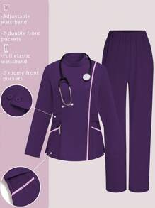 TaskEZ Women Professional Suit Set Including Long Sleeve Top And Long Pants, Minimalist & Fashionable, Suitable For Summer Running Nurse & Uniform Scrubs Handwashing Pocketed Breathable Brushed Clothing Set Scrub Stretchable Athletic Workwear With Pockets Scrub Top And Pants Set Women's Scrub Set: Notch V-Neck Tuck In Top & Straight Leg Pants Essential Jogger Scrub Set Nursing Uniform Stretch Top & Drawstring Cargo Pants - Purple - View 1