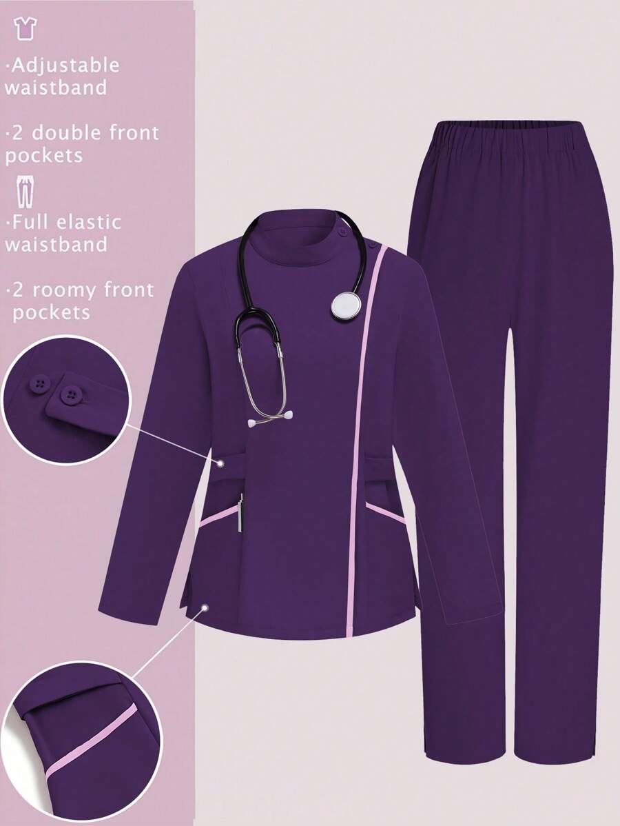 TaskEZ Women Professional Suit Set Including Long Sleeve Top And Long Pants, Minimalist & Fashionable, Suitable For Summer Running Nurse & Uniform Scrubs Handwashing Pocketed Breathable Brushed Clothing Set Scrub Stretchable Athletic Workwear With Pockets Scrub Top And Pants Set Women's Scrub Set: Notch V-Neck Tuck In Top & Straight Leg Pants Essential Jogger Scrub Set Nursing Uniform Stretch Top & Drawstring Cargo Pants - Purple - View 1