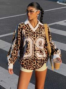 Muchica Sudadera holgada con capucha de manga larga con estampado numérico de leopardo para mujer