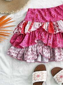 Soleia Minifalda bohemia retro con estampado floral multicapa, diseño de paisley, cintura baja, apta para vacaciones, festivales de música, estilo bohemio, citas y tardes de té.