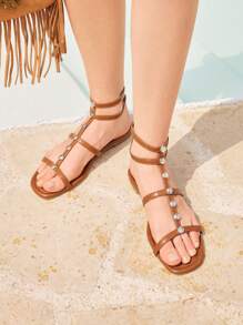 Styleloop Women's Fashion Rhinestone Strap Ankle Strap Silver Sandals For Summer Beach Vacation Spring Shoes Spring Break Easter - Brown - View 2