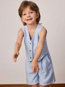 PrepCrw 2pcs Young Boys' Collegiate Style Navy Vest And Shorts Set, Spring/Summer - Blue - View 4