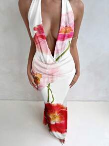 Aloruh 女士休闲花卉印花裹身 V 领连衣裙，适合度假