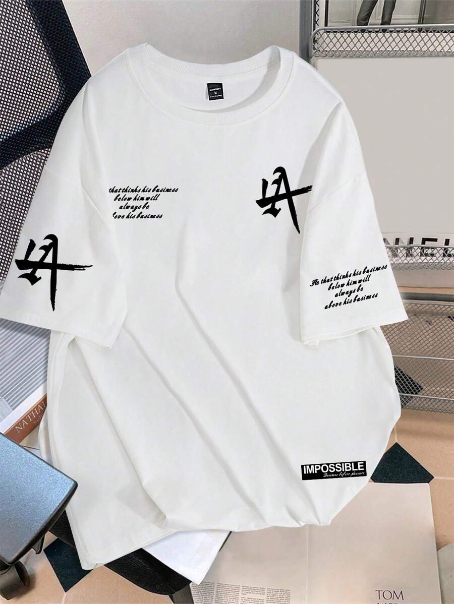 Manfinity Hypemode 男士宽松趣味卡通及口号图案落肩短袖 T 恤，适合外出、朋友聚会 - 白色 - 查看 1