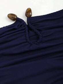 Sweetra Đầm Maxi Không Tay Trang Trí Hình Tròn Xếp Ly Màu Trơn Cho Nữ - Màu xanh hải quân - Xem 6