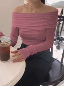 DAZY Women's Solid Color Ruffle Off Shoulder Long Sleeve Fitted Fashion T-Shirt - Rose Red - View 3