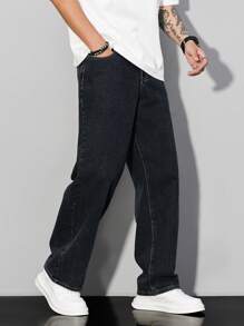 Manfinity Homme Loose Fit Men's Slant Pocket Straight Leg Jeans - Dark Wash - View 6