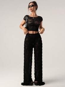 SHEIN ICON Women's Straight Lace See Through Elastic Waist Loose Pants