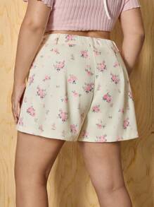 SHEIN MOD Pantalones cortos con estampado floral rosa, de talle medio, versátiles, para tallas grandes