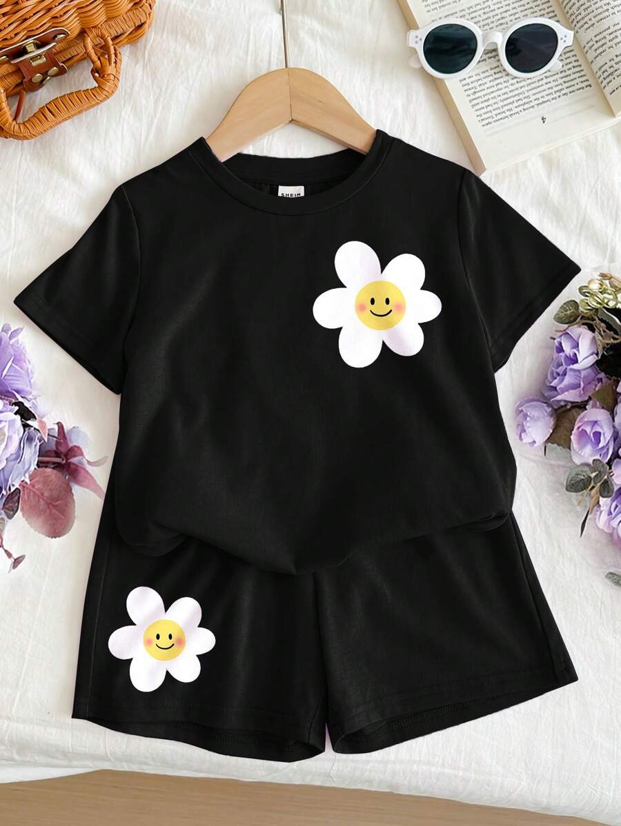 SHEIN Leap Crew 2 件 Tween 女童休闲简约短袖短裤套装,夏季服装 - 黑色 - 查看 1