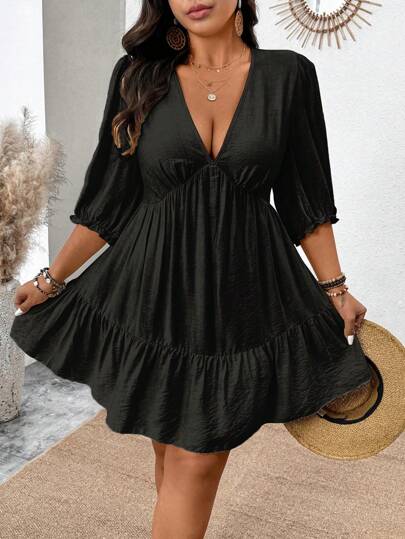 SHEIN Clasi Plus Size Women Notched V-Neck Lantern Sleeve Cake Dress Western Wear