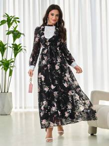 Modelyn Women's Elegant Floral Print Lantern Sleeve Long Dress - Black - View 8