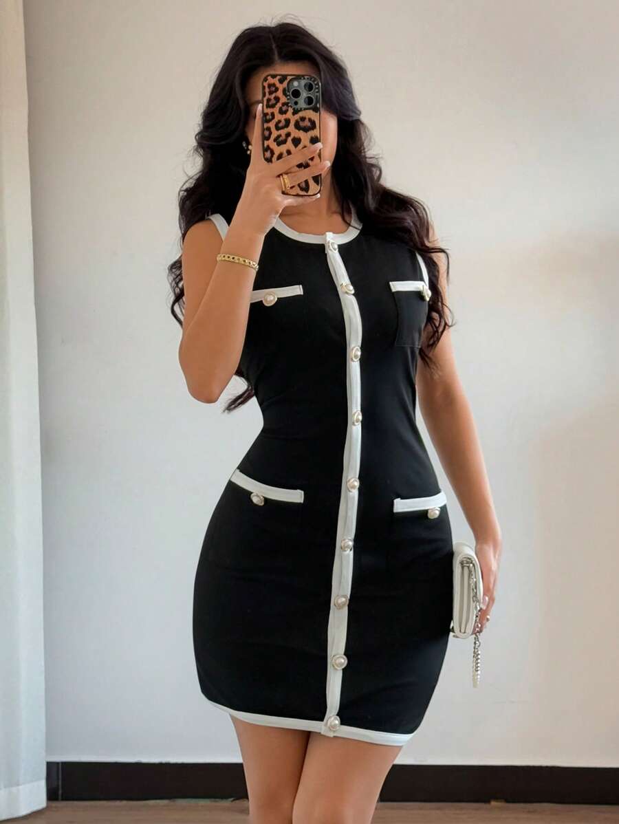 Elenzga Women's Black & White Contrast Color Fitted Mini Dress With Gold Button Decor Chest Pocket Details - Black and White - View 1