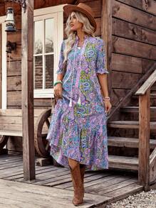 LanaWest 女式波西米亚风印花中袖连衣裙，女式波西米亚风流苏，荷叶边下摆半袖系带领宽松长款多色荷叶边袖全身印花，佩斯利罩衫女式长裙，春季/秋季，休闲日常穿着长款女装