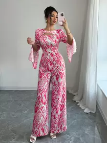 Elenzga Mono recto de pierna ancha con abertura lateral, estilo occidental, talla estándar para mujer