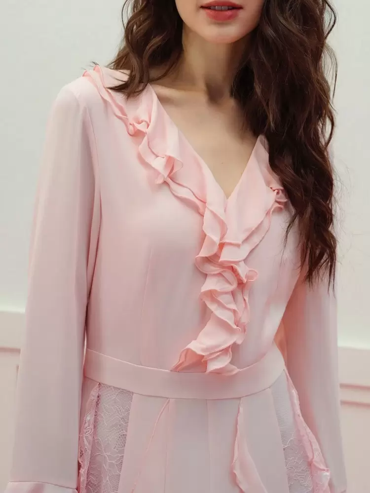 DRAPED CONTRAST LACE RUFFLE TRIM DRESS