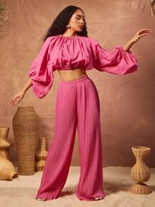 Vixey Áo dệt trơn cổ giả tay phồng rộng rãi, Kỳ nghỉ, Bãi biển, Phụ nữ phong cách Boho, Mùa xuân, Mùa hè, Lễ Phục sinh, Bữa sáng muộn, Kỳ nghỉ trên đảo - Màu Hồng Tươi - Xem 1