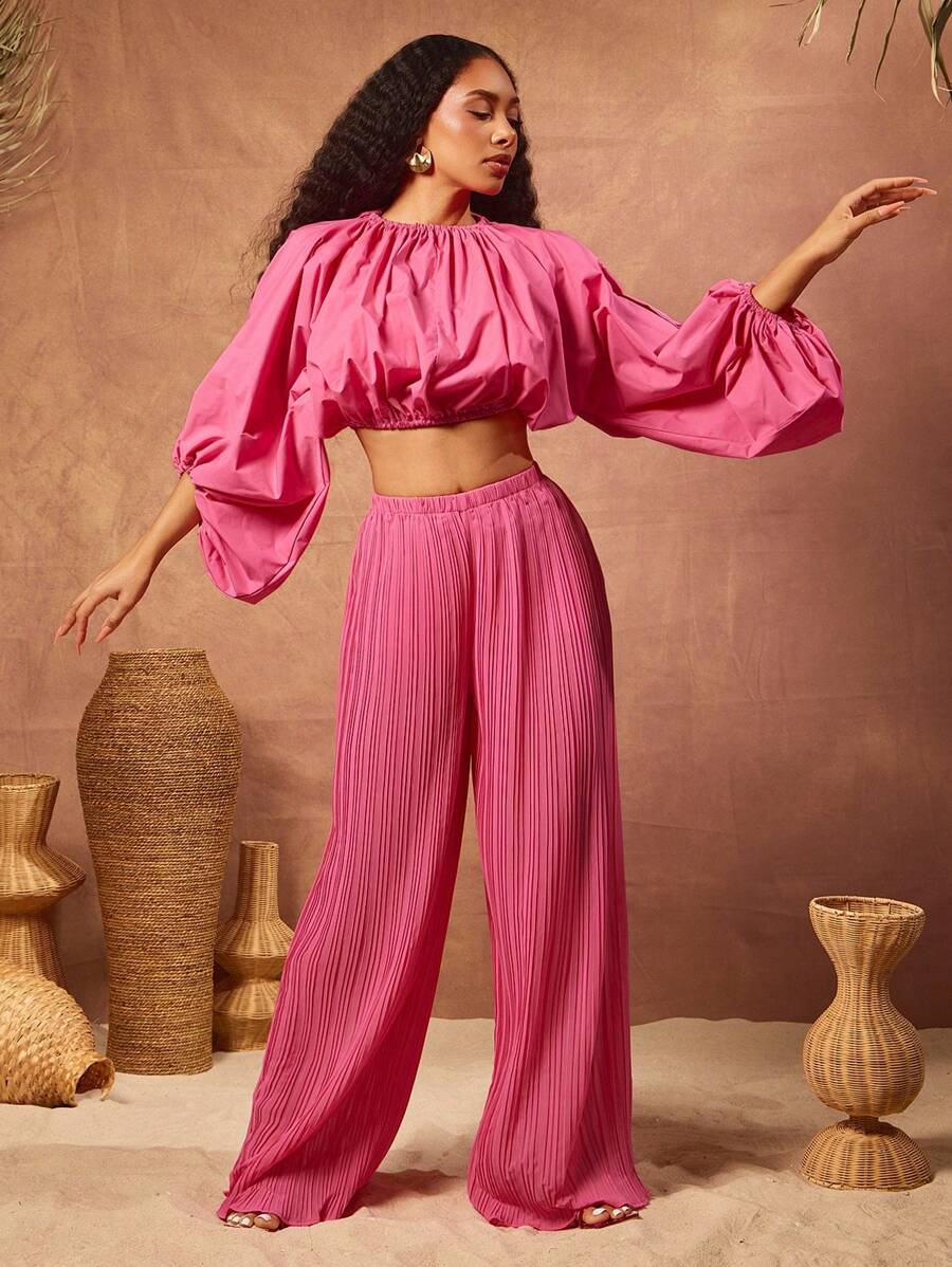 Vixey Áo dệt trơn cổ giả tay phồng rộng rãi, Kỳ nghỉ, Bãi biển, Phụ nữ phong cách Boho, Mùa xuân, Mùa hè, Lễ Phục sinh, Bữa sáng muộn, Kỳ nghỉ trên đảo - Màu Hồng Tươi - Xem 1