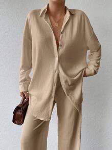 EURMUSE Drop Shoulder Shirt & Wide Leg Trousers - Apricot - View 5
