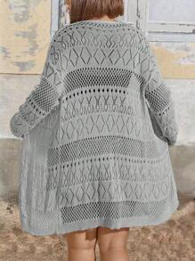 SHEIN Clasi Chaqueta tipo cárdigan casual de media longitud con cuello en V hueco y manga larga, de unicolor y tejido ligero para protección solar, para mujer de talla grande, para primavera/verano - Gris Claro - Ver 2