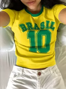 INAWLY 巴西风格女式短款圆领短袖 T 恤 - 黃色 - 查看 1