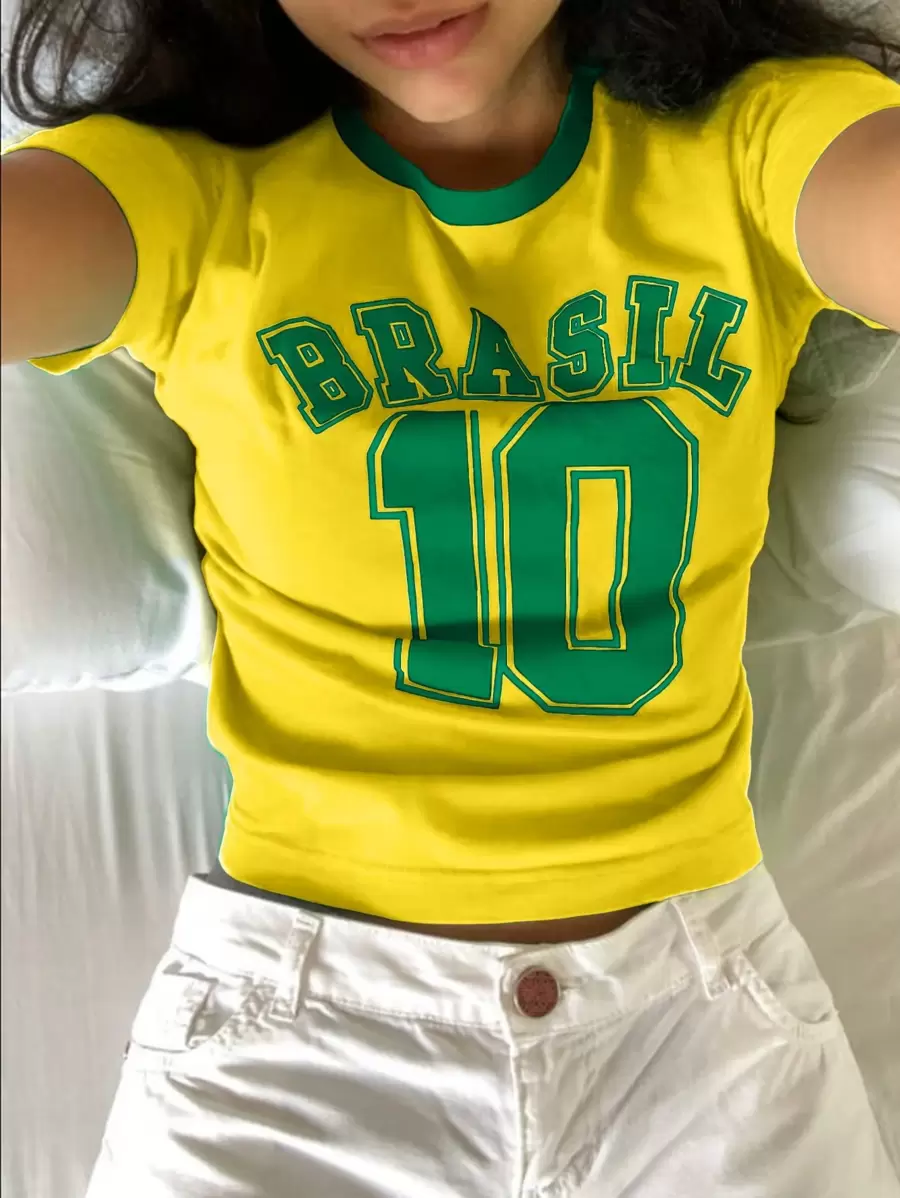 INAWLY 巴西风格女式短款圆领短袖 T 恤 - 黃色 - 查看 1