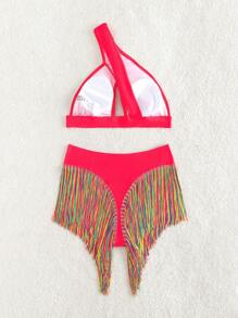 SHEIN Swim Vacation Beach Fringe Decorated Bikini Swimwear - Hot Pink - View 7