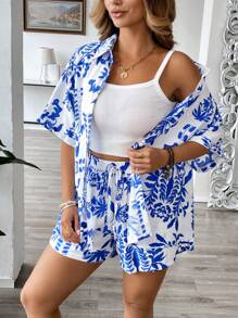 Breezaya Plus Size Women's Elegant Casual Printed Shirt With Collar, Dropped Shoulder Sleeves & Fold Cuffs + Elastic Waist Shorts With Bow Decor And Pockets, Suitable For Commuting, Leisure And Holiday, Spring/Summer