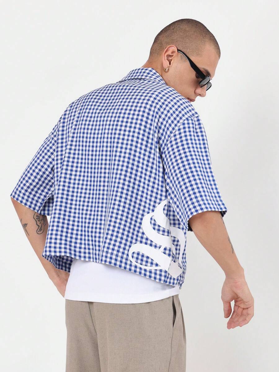 SUMWON Camicia casual a maniche corte con colletto, a quadri in stile gingham, con bottoni, taglio corto e rilassato, con stampa del logo, stile urban streetwear preppy - Blu - Visualizzare 1