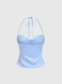 Sweetra 女式法式缎面露背 A 字形背心，优雅款式，春夏 - 藍色 - 查看 2