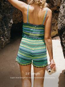 GLOWMODE X Nature Dream Bali Crocheted Chlorine-Resistant Lining Adjustable Drawstring Waist Shorts Daily Casual Summer Beach Vacation Holiday Wear - Green - View 2