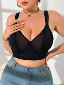 Plus Size Mesh Patchwork Underwired Bra - Black - View 6