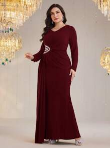 Modelyn 女式加大码 V 领长袖水钻装饰褶饰优雅连衣裙 - 酒紅色 - 查看 4
