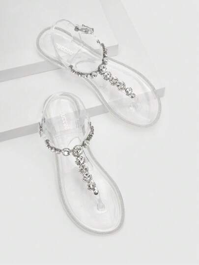 CUCCOO SZL 女士鞋水钻装饰踝带丁字裤时尚户外夏季透明平底凉鞋夏季度假鞋优雅凉鞋派对坏人时尚别致华丽风格圣诞节秋季新年假期