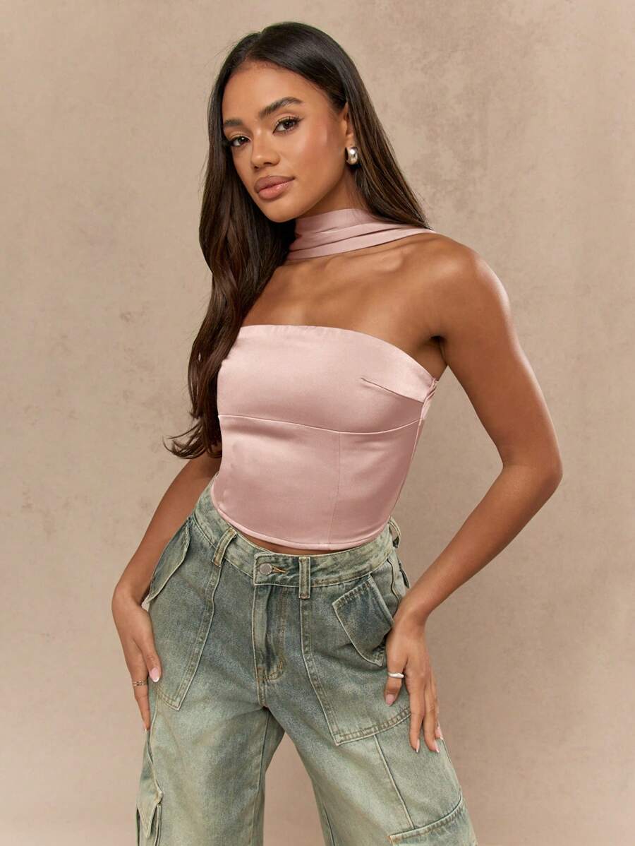 MISSGUIDED 缎面束胸上衣，领带细节，晚会俱乐部装，露肩合身紧身胸衣，女士时尚上衣，特殊场合，优雅设计 - 粉色 - 查看 1
