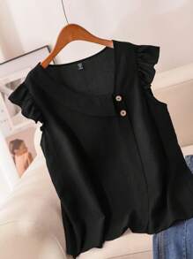 CosyJoli Plus Size Sleeveless Asymmetric Collar Denim Effect Texture Casual Shirt, Summer - Black - View 3