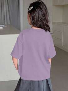 DAZY Tween Girl Crew Neck Knit Short Sleeve Butterfly Print T-Shirt, Spring/Summer,Back To School Clothes - Purple - View 5