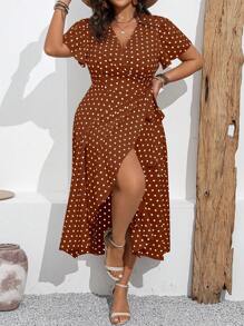 SHEIN Clasi Plus Size Polka Dot Print Tie Waist Wrap Dress For Vacation & Leisure Maxi Women Outfit