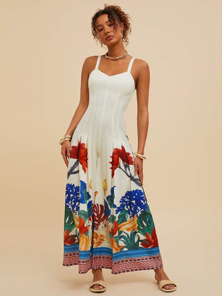 Travachic Tropical Print Camisole Wide Leg Jumpsuit, Vacation Casual