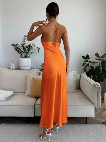 Firerie Váy đuôi cá hở lưng họa tiết hoa 3D dành cho nữ, váy dạ hội bằng vải taffeta thanh lịch - trái cam - Xem 3
