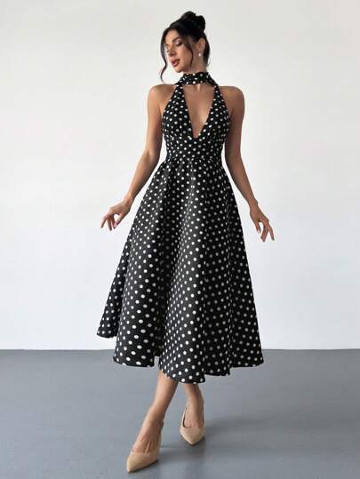 Firerie Women's Vintage French Style Polka Dot V-Neck Backless Cinched Waist High Waist Midi Dress, Suitable For Valentine's Day, Concerts, Performances, Dates, Banquets, Weddings, Sexy, Elegant, Commuting, Back To School, Vacation, Beach, Romantic