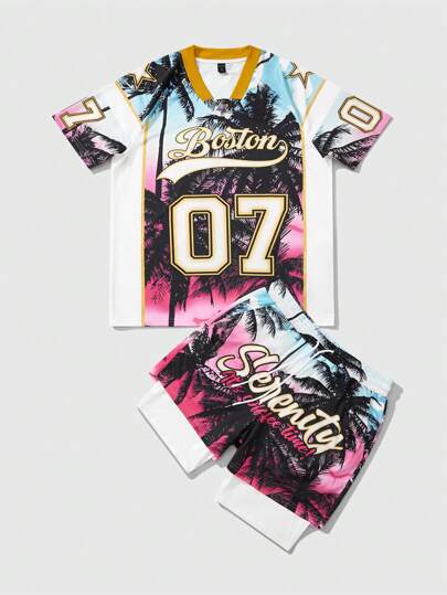 Prep 2pcs Jersey Solid Color Patchwork Men Short Sleeve Casual T-Shirt And Shorts Set For Summer, Vacation