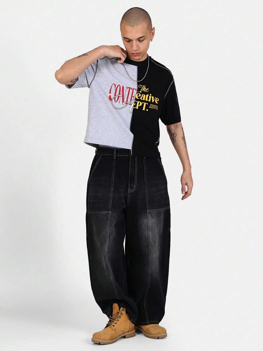 SUMWON Creative Department Split Design Boxy T-Shirt Urban Streetwear Graphic Logo Cotton Tee Casual Skater Style Modern Typography Design Oversize Fashion Statement