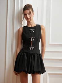 Chiquease Elegant & Delicate Round Neck Sleeveless Halter Design Heavily Embellished Sequin Bow Decor Ruched Flare Hem Mini Dress For Women   Old Money Style For Summer Spring Fall Autumn - Black - View 1