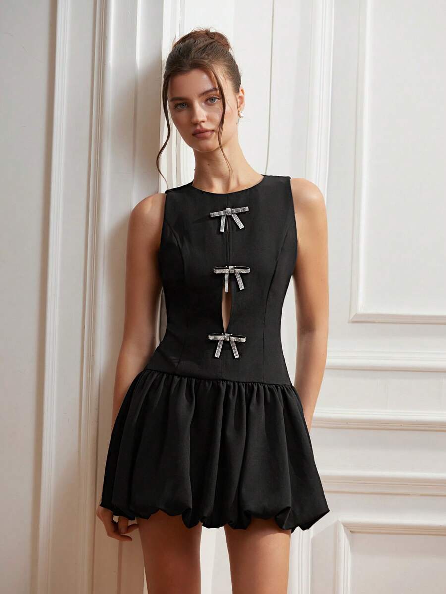 Chiquease Elegant & Delicate Round Neck Sleeveless Halter Design Heavily Embellished Sequin Bow Decor Ruched Flare Hem Mini Dress For Women   Old Money Style For Summer Spring Fall Autumn - Black - View 1
