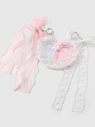 Kawaii 2pcs Korean Style Kawaii Girl Delicate & Versatile High-Quality Pink+White Lace Mesh Bow Faux Pearl Heart Edge Transparent Card Holder & Keychain Decoration, Suitable For Office Worker, Student, Daily Wear, Holiday Gift
